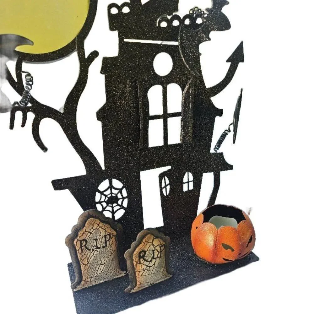 Metal 3D Glittered Halloween Haunted Mansion Scene with Pumpkin Tealight Holder